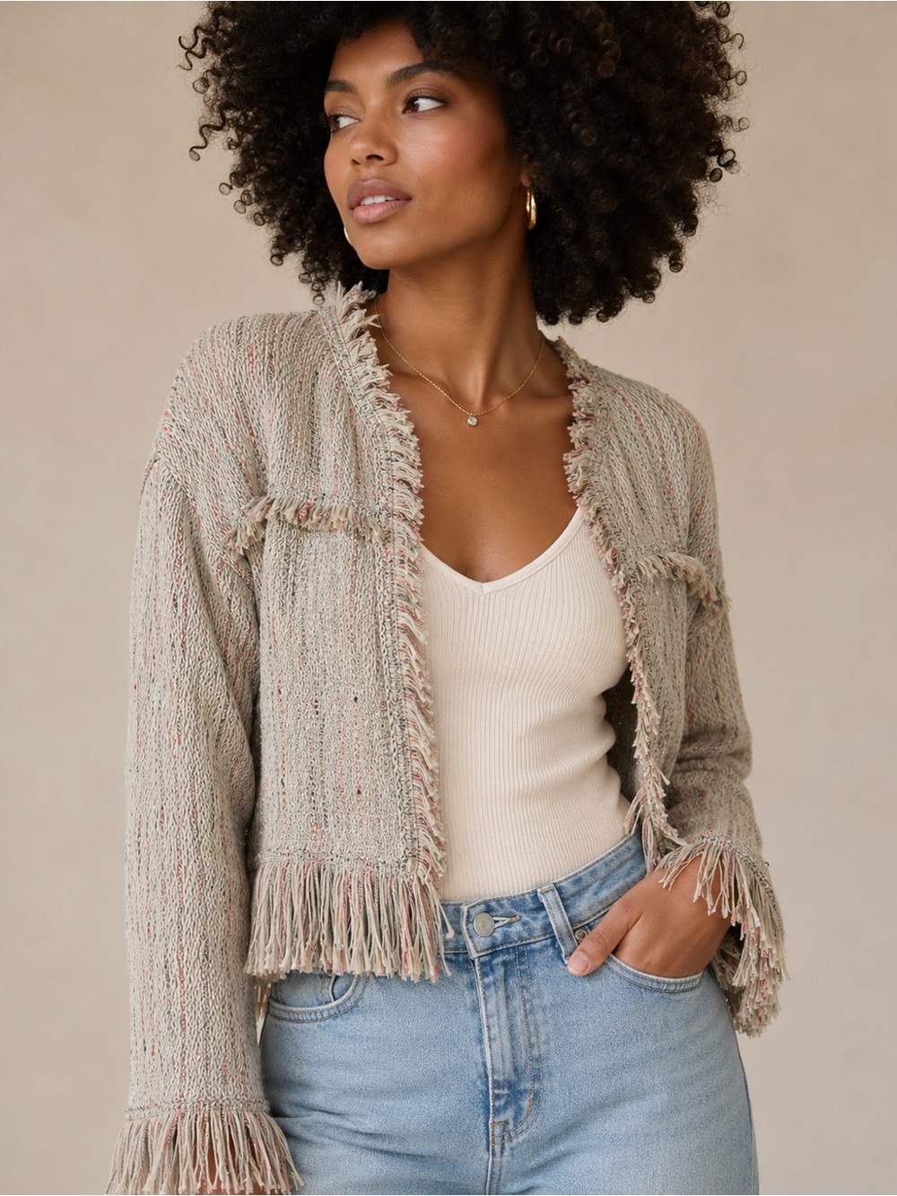 NIC+ZOE Beige Multi Fringe Tweed Open Cardigan